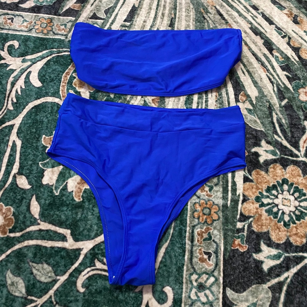 Bikini Set Womens L Royal Blue Bandeau High Waist High Cut Swimsuit